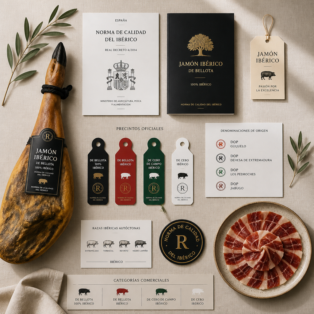 Detalles de etiquetado y sellos oficiales de jamón ibérico sobre fondo neutro