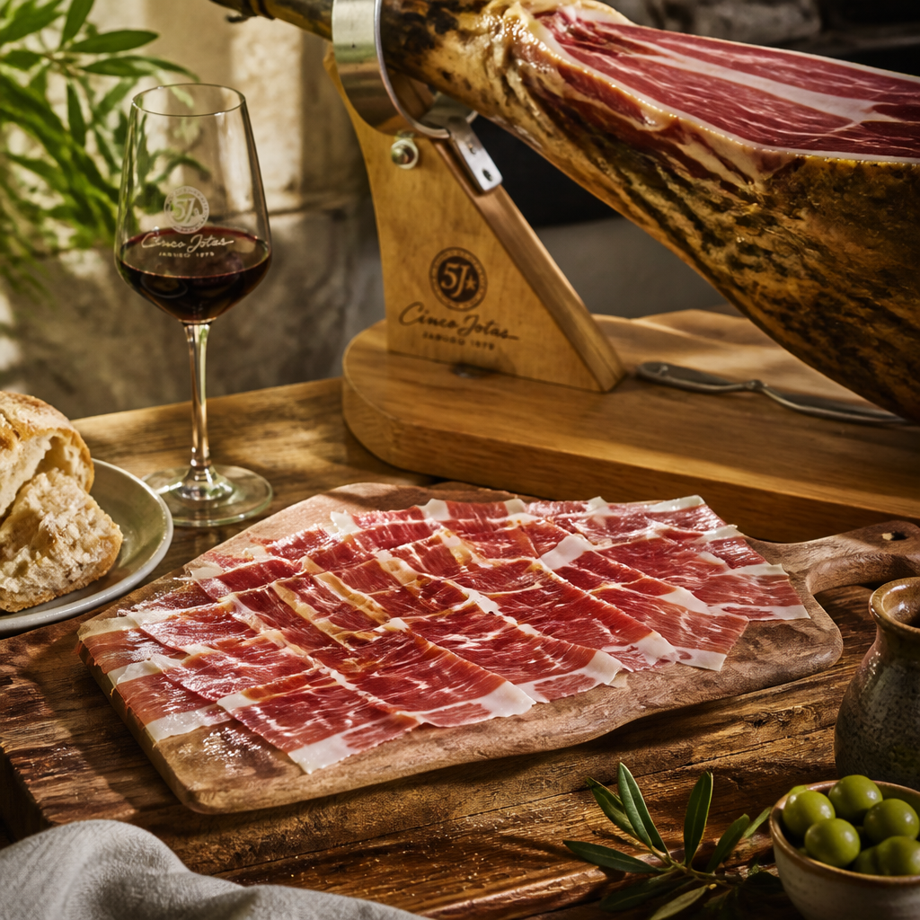 Jamón ibérico loncheado en tabla de madera con copa de vino y elementos de mesa española