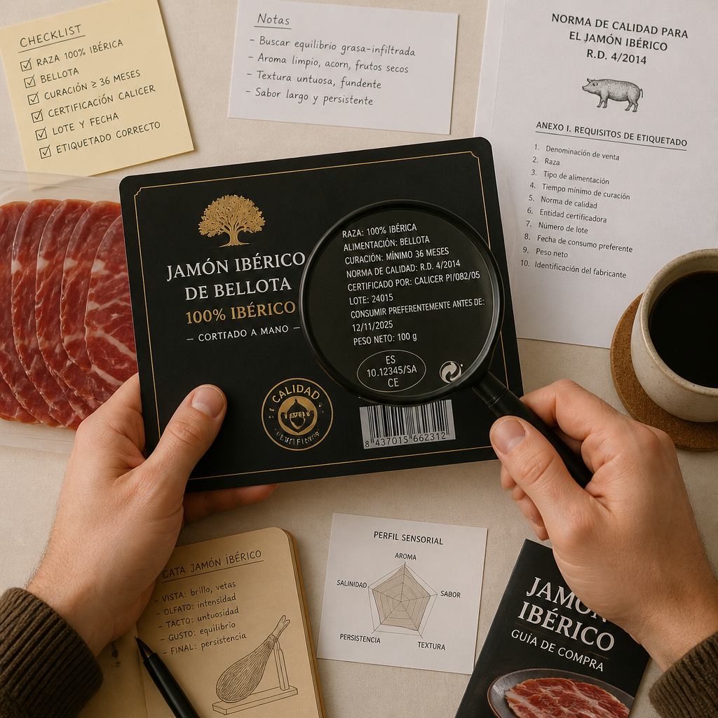 Persona examinando cuidadosamente la etiqueta de un jamón ibérico con lupa para verificar información