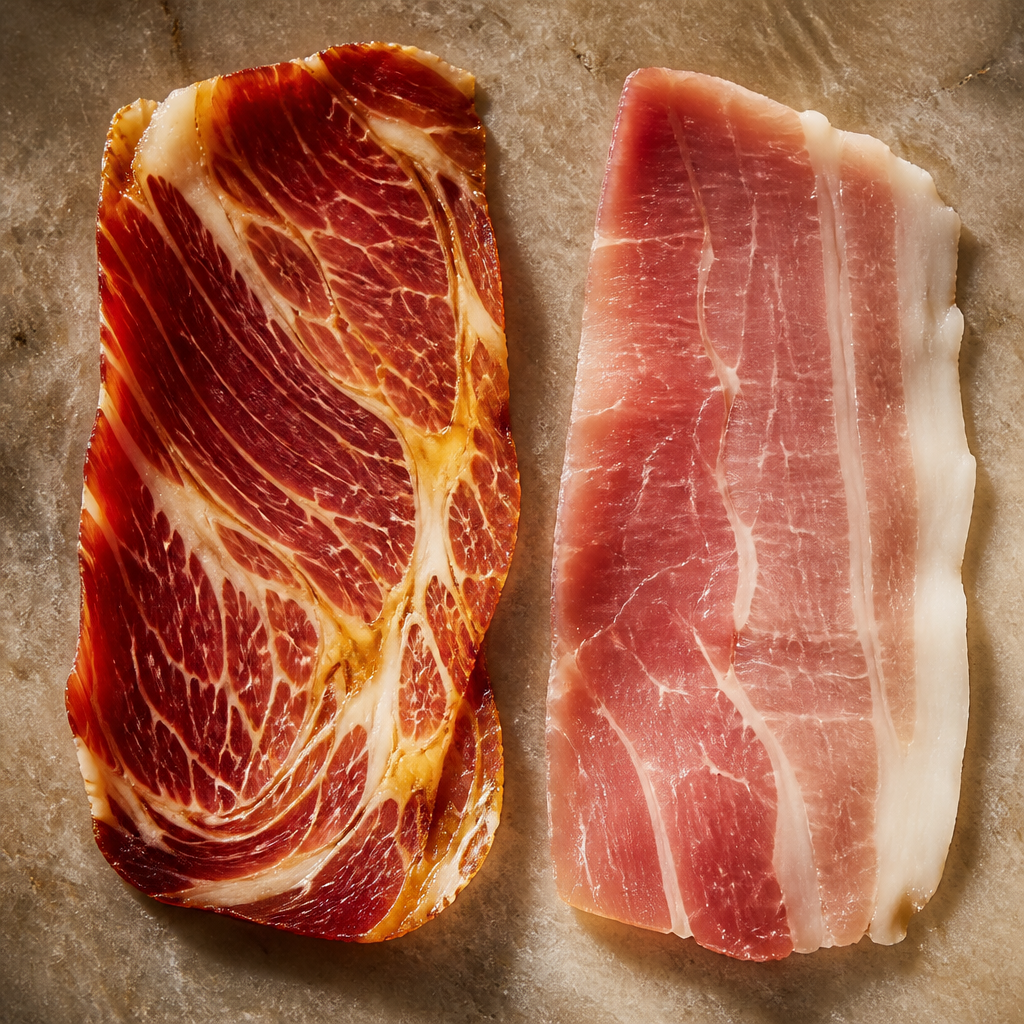 Comparación visual de dos tipos de jamón ibérico mostrando diferencias en marmoleado y grasa