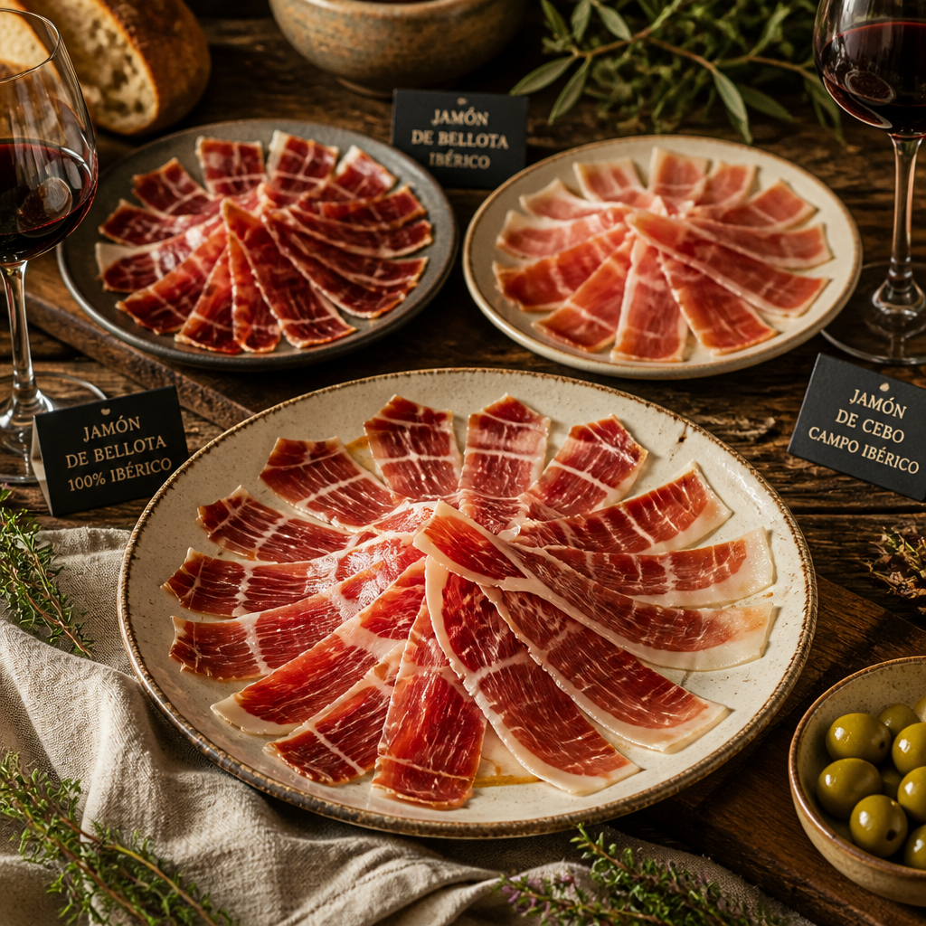 Presentación gourmet de jamón ibérico en contexto de degustación y cata