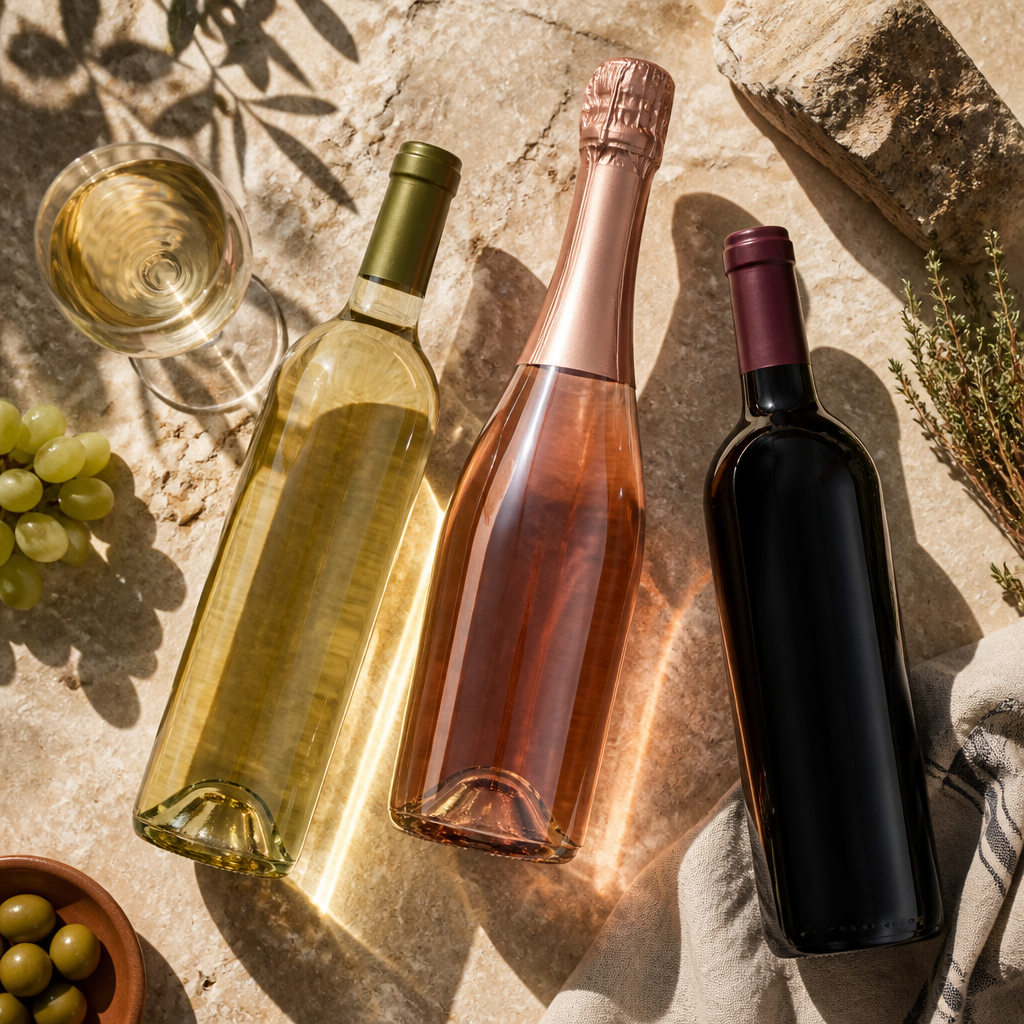 Botellas de vinos españoles de diferentes variedades sobre piedra