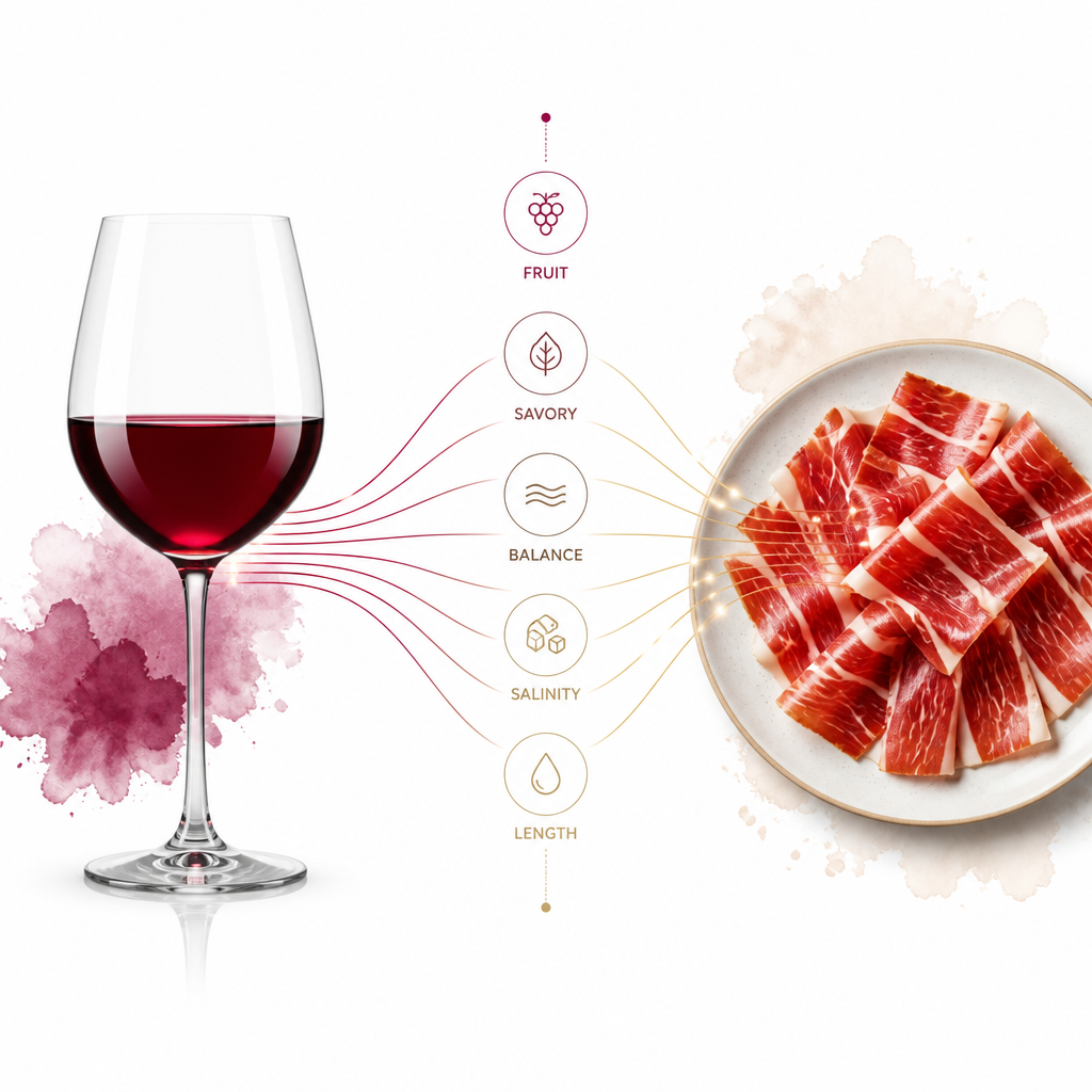 Concepto visual abstracto de maridaje entre jamón e vino